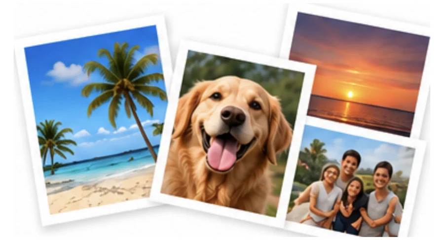 Fan of 4 × 6 prints: beach, dog, sunset and family