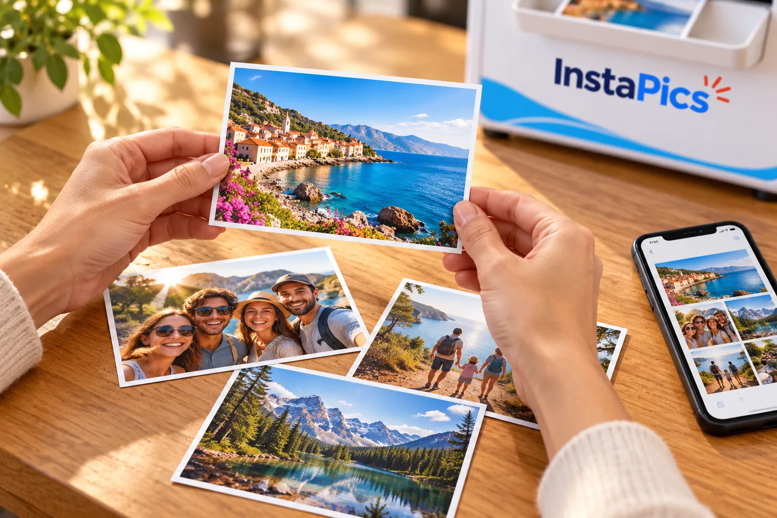 4 × 6 photo prints next to a phone