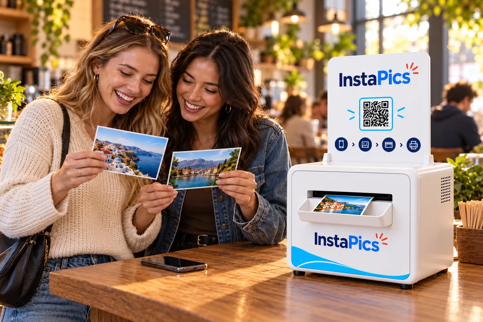 Friends holding fresh prints next to an InstaPics kiosk