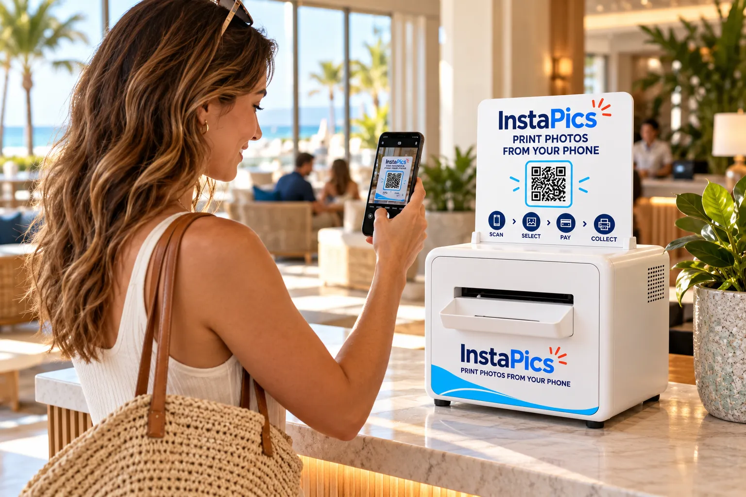 Guest scanning the QR code on an InstaPics kiosk in a hotel lobby