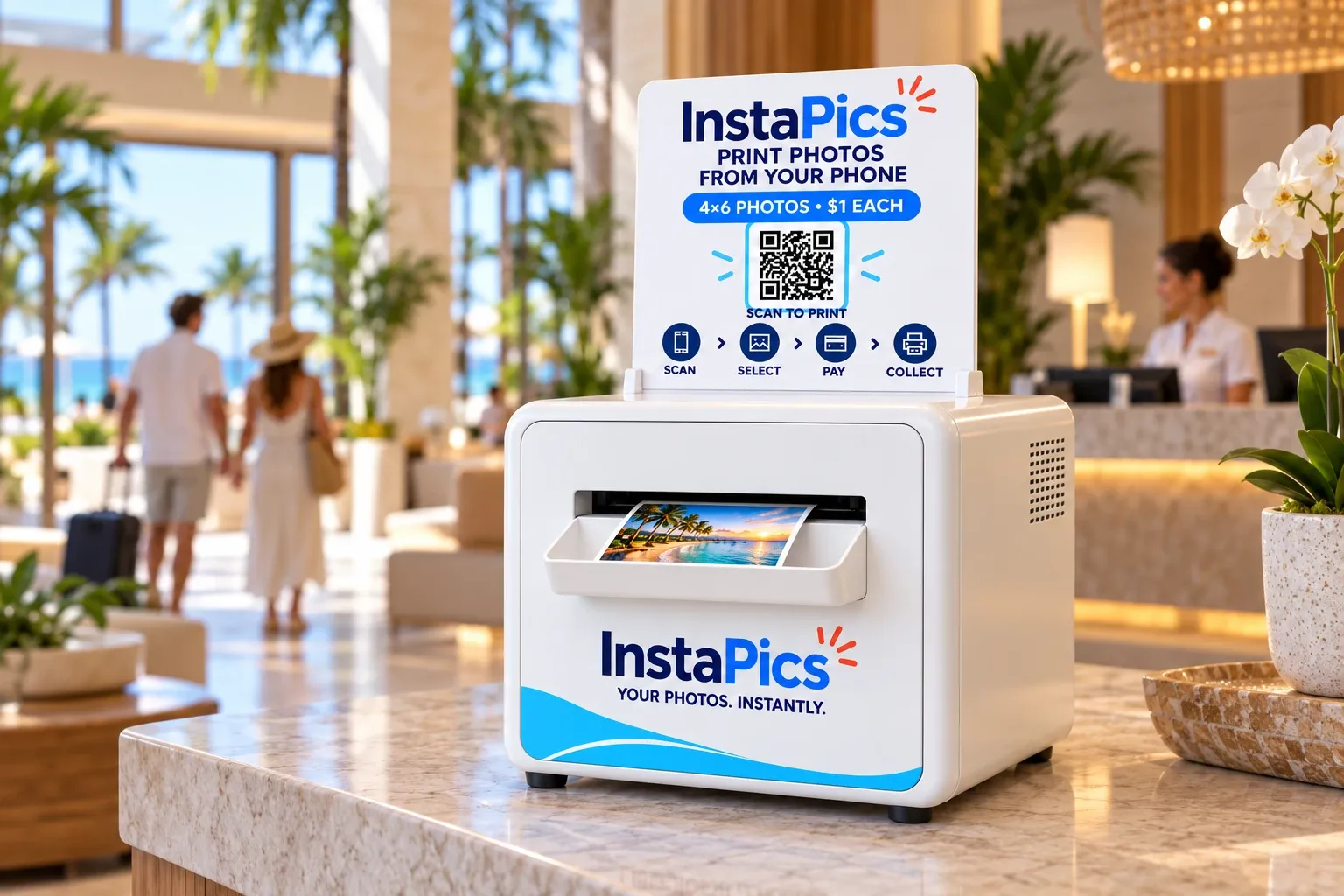 InstaPics kiosk with QR code sign in a hotel lobby